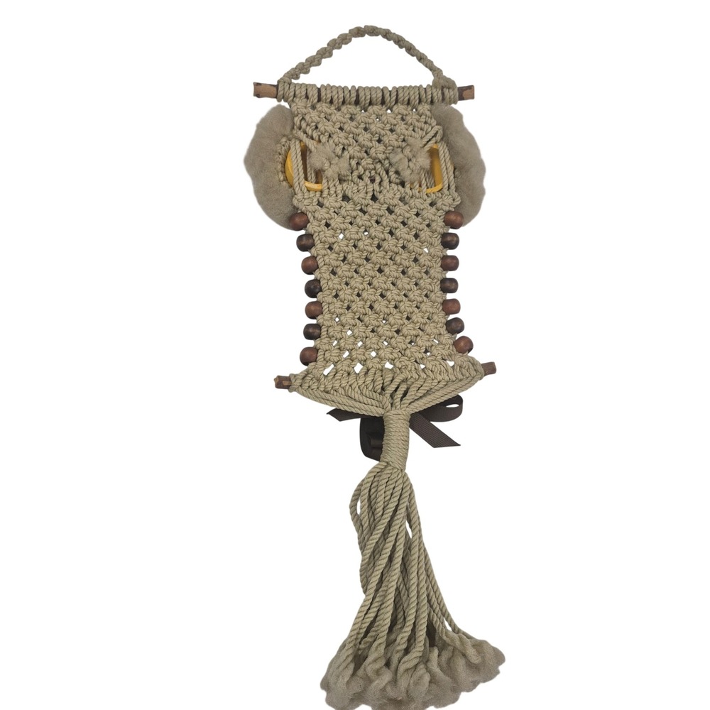 Vintage Macrame Owl Wall Hanging Boho Wood Bead‎ Tassel Decor Beige 17 Inch - Picture 6 of 9
